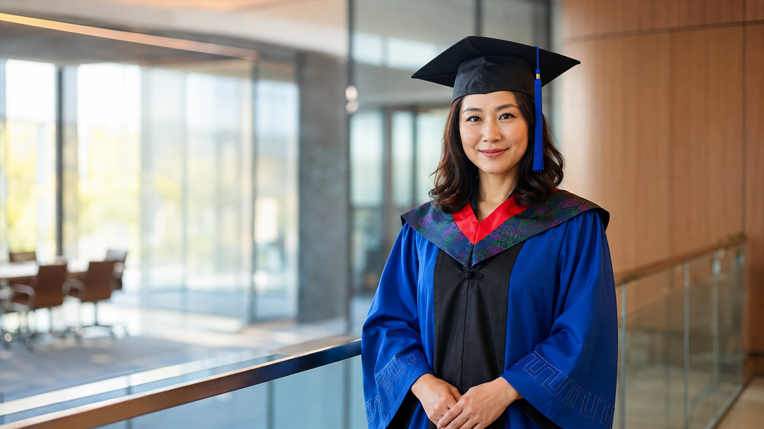 Future Ready Executive MBA participant in the programme’s ceremonial gown and cap, in a modern office atrium